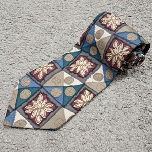 Surrey Mens Silk Necktie Burgundy Teal Floral Geometric Pattern Made in USA